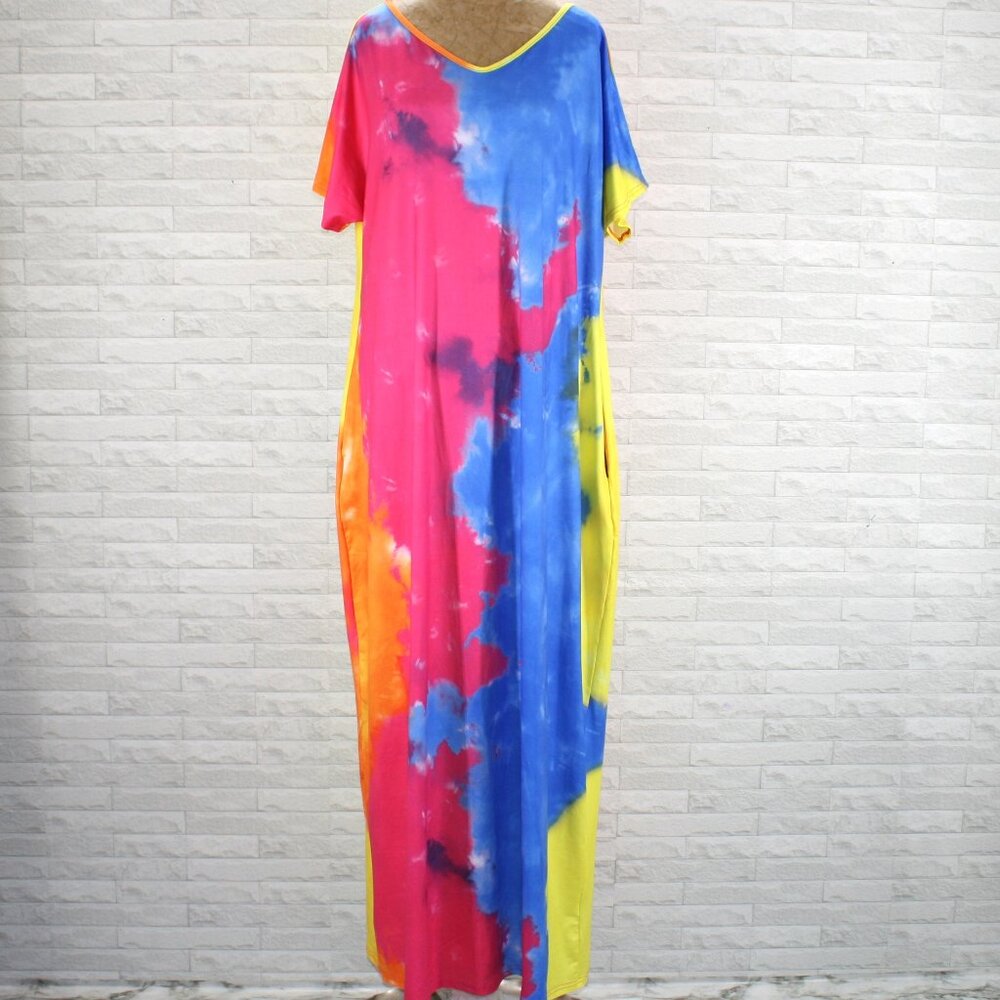 Tie Dye Dress Kaftan Swimsuit Cover-up Loungewear Resort Maxi Colorful One Size